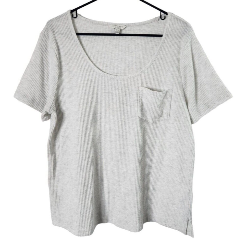 Lucky Brand Womens XL Scoop Neck Tee Ribbed Pocket Top Shirt Short Sleeve Gray